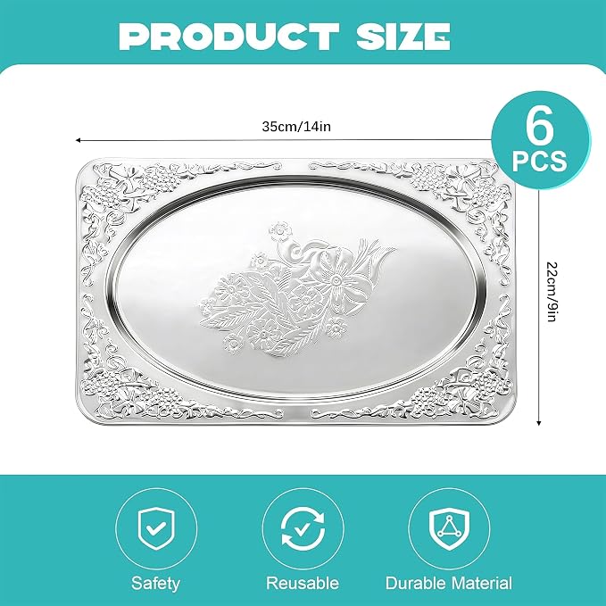 Silver Serving Trays, 6 Pcs Stainless Steel Serving Platters with Retro Engraved Design, 13.7 x 8.5 Inch for Serving Food, Appetizers, or as Decorative Accent at Home