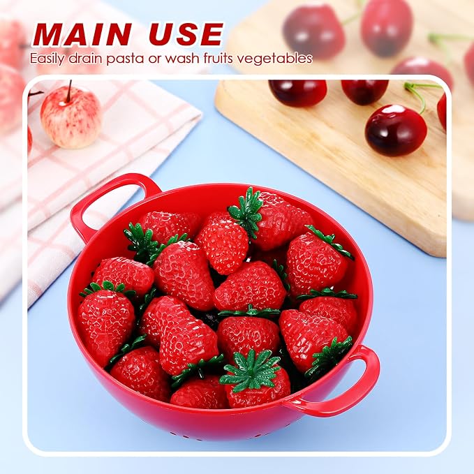 4 Pack Mini Colander for Kitchen Plastic Berry Strainer with Double Handles 7.5 x 6 x 3 Inch Small Colander Strainer for Fruits Vegetables Food (Red)
