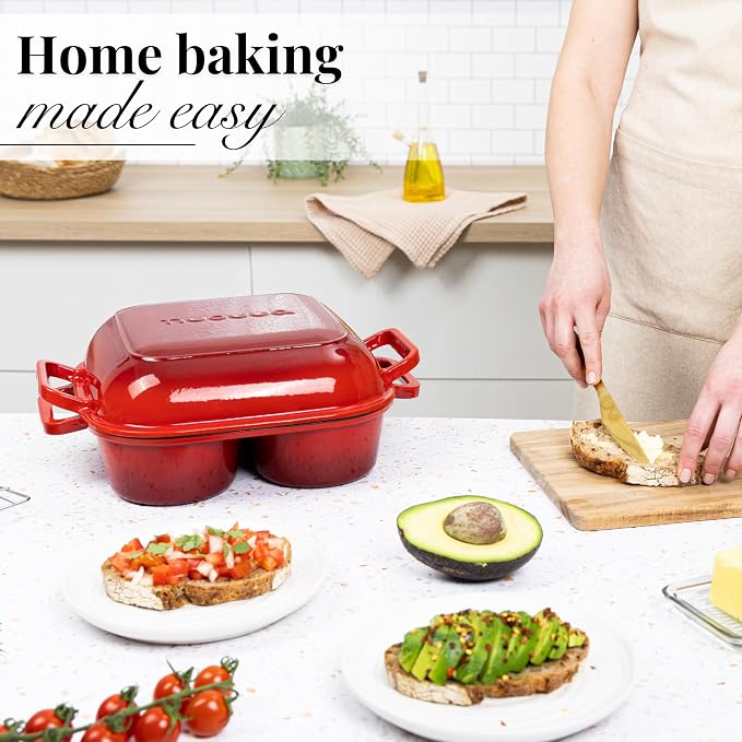 QuadPro Enamelled Cast Iron Bread Loaf Pot – Dutch Oven for Sourdough Bread Baking – 500°F Oven Safe Non Stick Bread Pot – 4 Round Loaf Spaces (4.90-inch Diameter), Red – by Nuovva