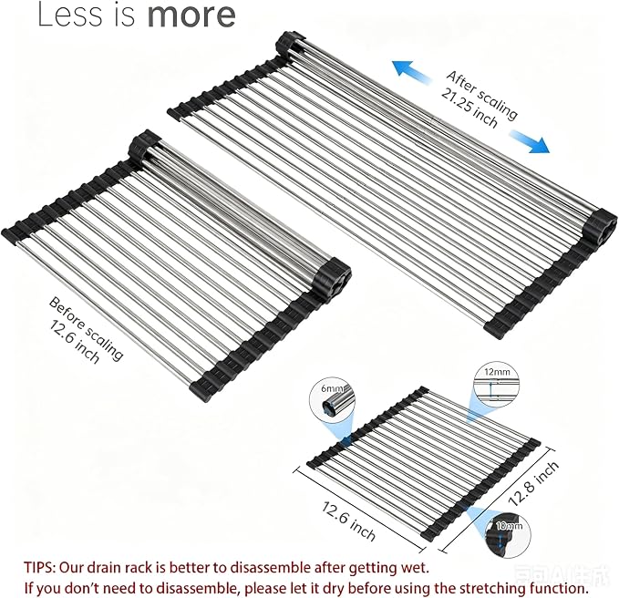 Expandable Roll Up Dish Drying Rack Over The Sink Rack, Foldable Dish Drainer Rack Stainless Steel for Large Sink, Silicone Rollable Collapsible Rack 18 Tube for Kitchen(Sliver,12'' to 21.14”)