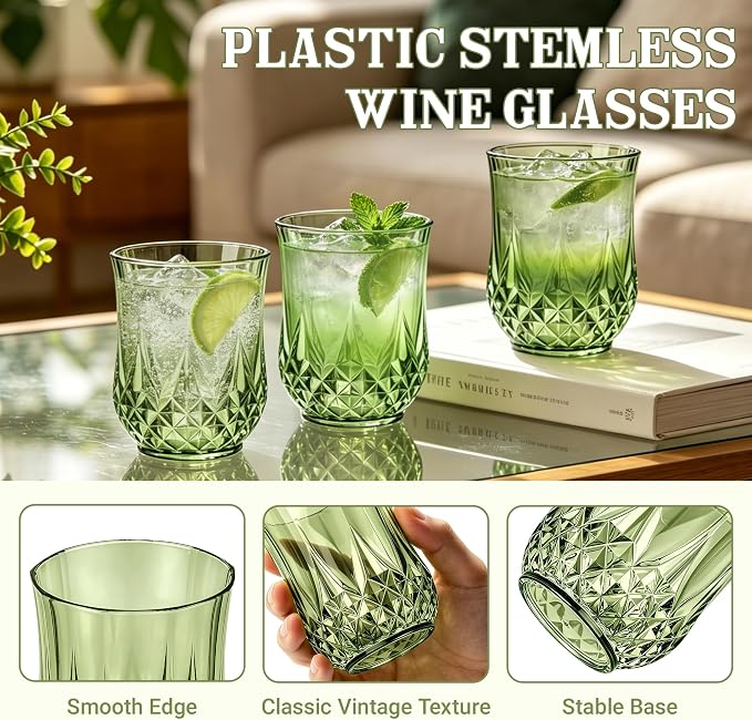 40 Pack 12 Oz Plastic Stemless Wine Glasses, Sage Green | Unbreakable, Reusable, Elegant Vintage Design, Fancy Cocktail Cups, Whiskey, Champagne, Wedding, Party, Bars, Holiday Events