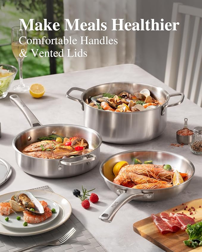 VocVoi Stainless Steel Pan, 12 Inch with Lid Stainless Steel Frying Pan, Non Toxic Tri-Ply Skillet, PFOA&PTFE Free, Oven and Dishwasher Safe, Induction Compatible