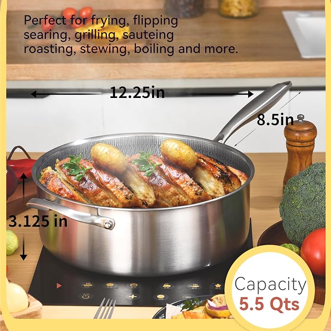 LOLYKITCH 6-Quart Large Frying Pan with Lid | 12 Inch | Detachable Handle | Ceramic Nonstick | Tri-Ply Stainless Steel | Deep Skillet | Saute Pan | PFOA Free | Induction | Dishwasher & Oven Safe