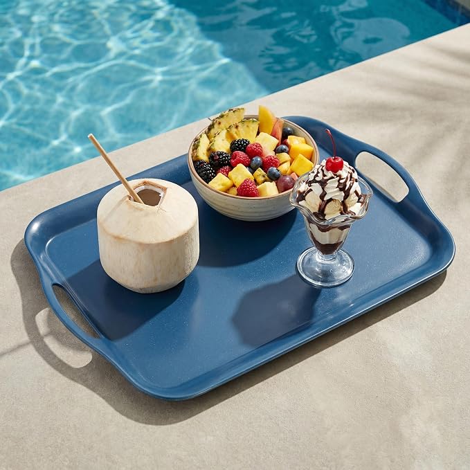 KINGEN 2-Pack Navy Blue Bamboo Fiber Serving Trays - 18×13-inch Extra Large w/Handles Tray, Platters for 4th of July, Christmas, BBQ, Picnic, Outdoor Dining - Durable, Lightweight (Classic Blue)