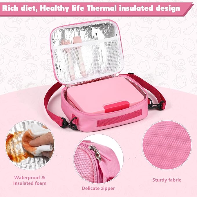 WyfKyd Bento Lunch Box Set with Soup Thermo Food Container for Kids Adults | Bento Box Set with 9.5oz Soup Thermo Kids Leak-proof Lunch Box Container with Insulated Hot Food Jar and Bag for School Pink
