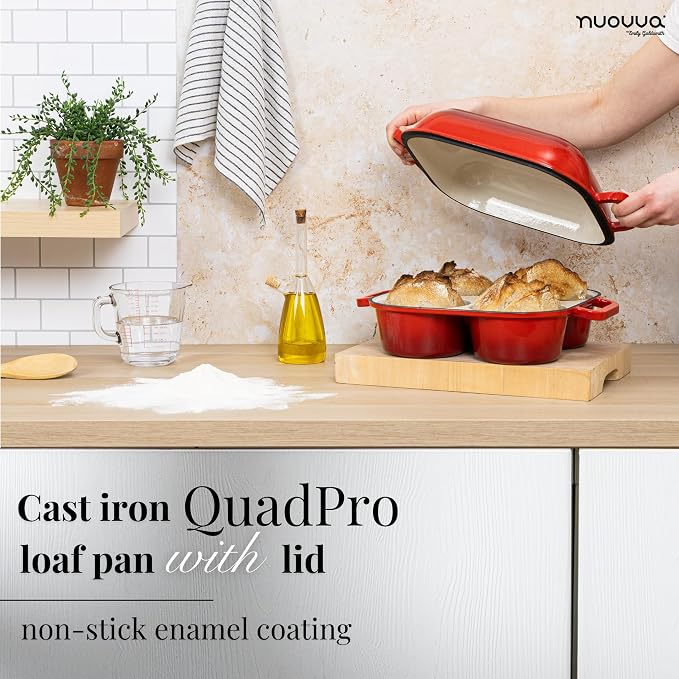 QuadPro Enamelled Cast Iron Bread Loaf Pot – Dutch Oven for Sourdough Bread Baking – 500°F Oven Safe Non Stick Bread Pot – 4 Round Loaf Spaces (4.90-inch Diameter), Red – by Nuovva