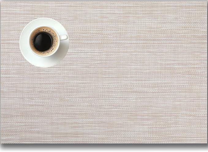 Placemats Set of 6 - Easy Clean Woven Vinyl Placemats for Dining Table, Indoor/Outdoor Place Mats, Washable PVC Table Mats（Beige）