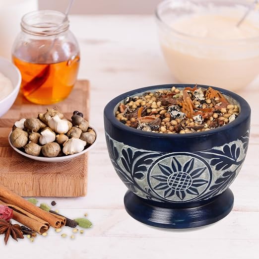 Mortar and Pestle, Made of Heavy Duty Polished Hard Stone, Natural Stone Grinder for Spices, Pastes, Herbs, Seasoning etc. (Blue)