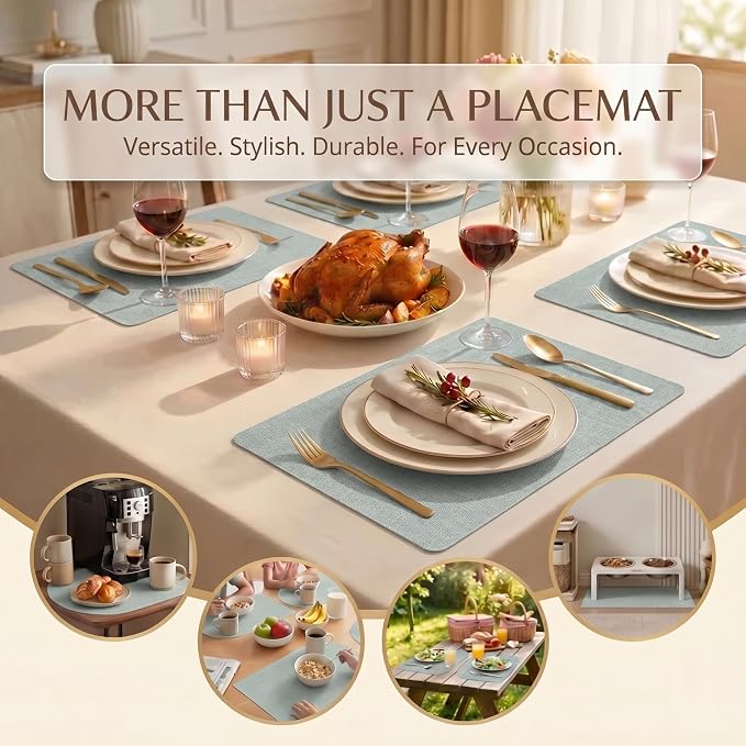 Faux Leather Placemats Set of 4, Wipeable Waterproof Stain Resistant Table Mats, Heat Resistant Thick Placemats with Hand-Painted Edges for Kitchen Dining, Imitative Linen Texture, Various Shapes