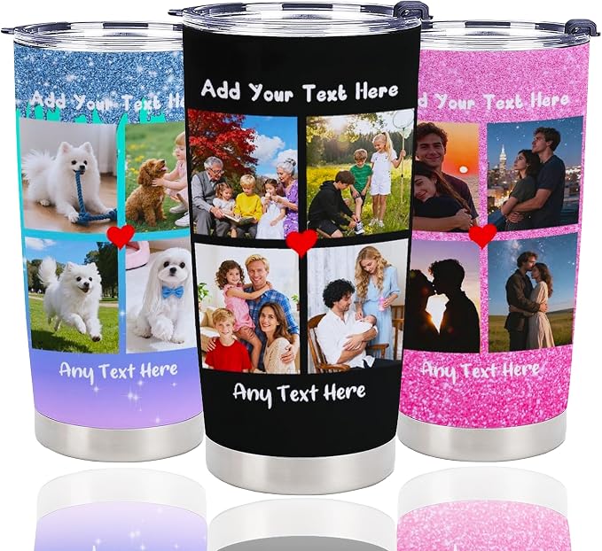 Personalized Tumbler Custom Vacuum Insulated Travel Mug Customizable Coffee Cup with Your Photos and Text Christmas Birthday Gift (4 Photos+Text)