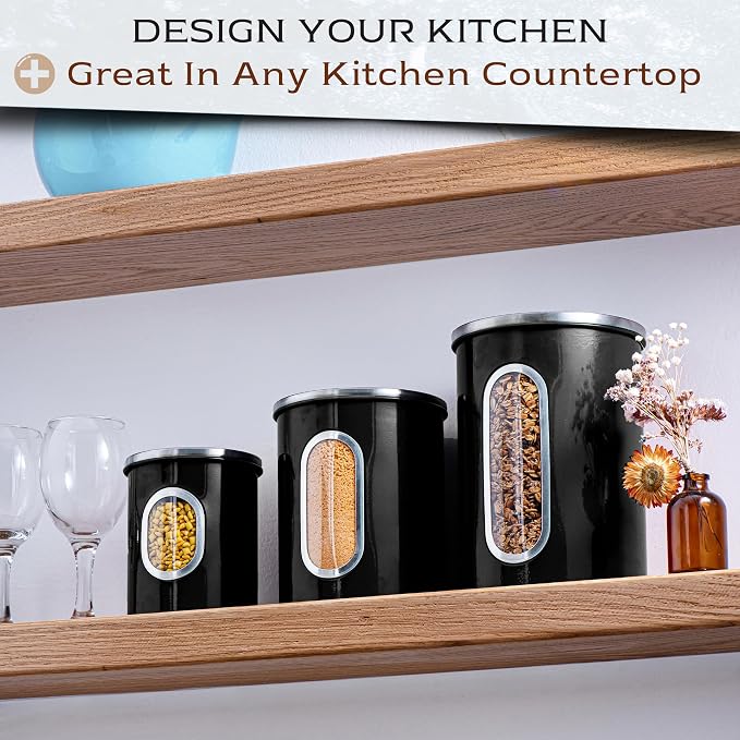 Moss & Stone 3-Pcs Black Canisters Set for Kitchen Storage Airtight Jars | See-through window, coffee container, tea organizer, sugar canister, 3 nesting sizes, counter decor, easy press-on lids