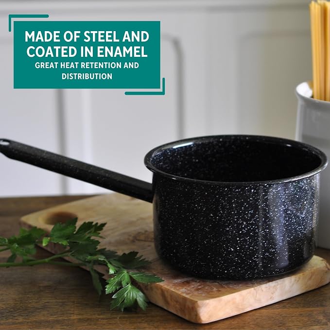 MIRRO 1.25 Qt Enamel Saucepan for Sauces, Black | Compact Size for Efficient Cooking, Smooth Glass Enamel Coating, Comfortable Extended Handle, Versatile for Sauces, Gravies