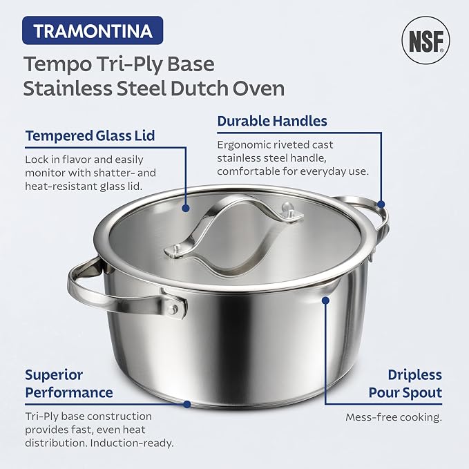 Tramontina Tempo Tri-Ply Base Stainless Steel 5-Qt Dutch Oven Pot with Lid | Induction-Ready, Oven-Safe, Dishwasher-Safe