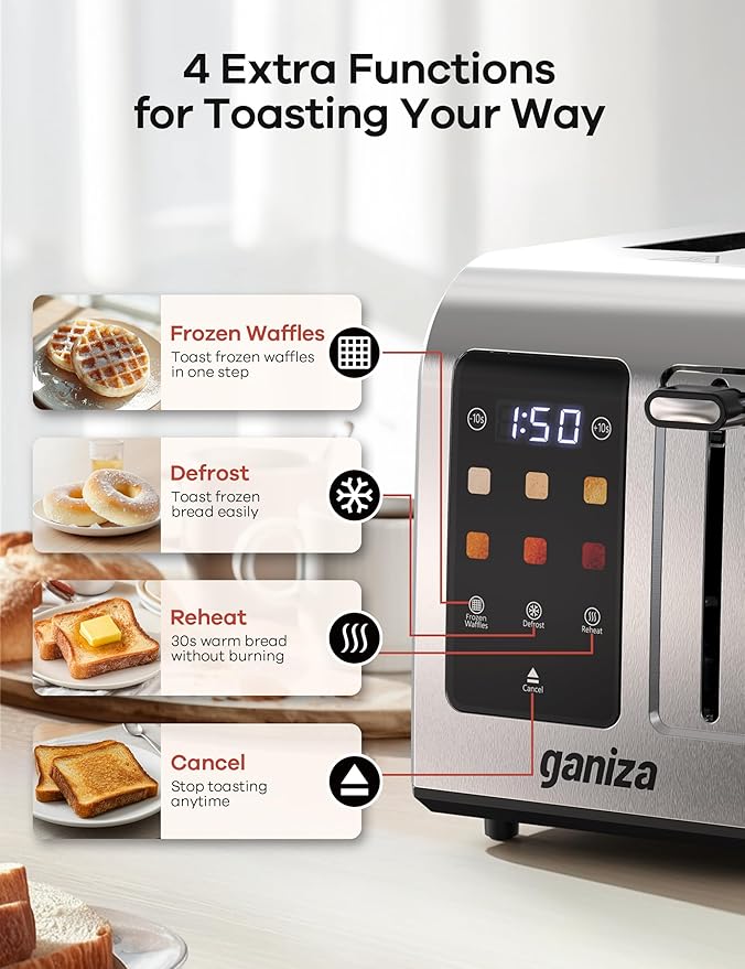 Ganiza Smart Toaster 2 Slice with Touchscreen, Digital Countdown Timer, Touch Screen Toaster Wide Slot, Full Stainless Steel, Defrost Reheat Cancel, +/-10s Fine-Tune, Removable Crumb Tray, Max 925W