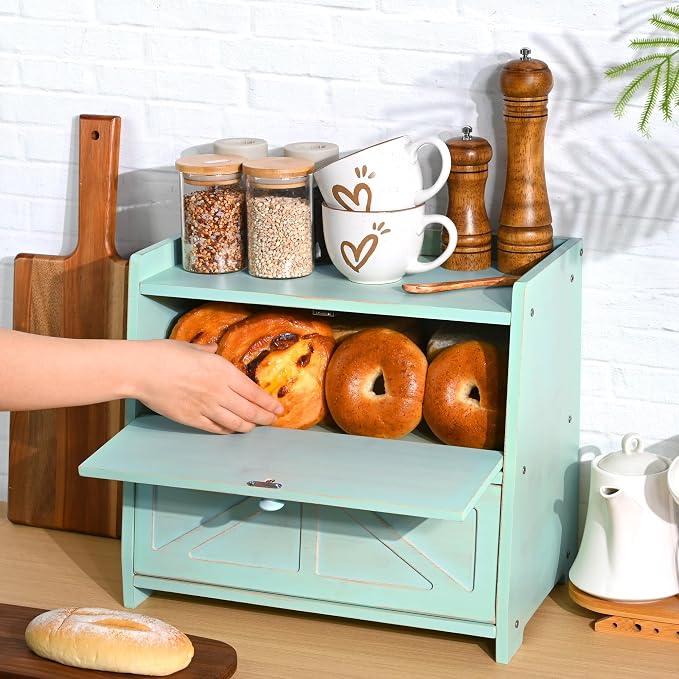 Bamboo Corner Bread Box for Kitchen Countertop 2-Tier Green | Farmhouse Bread Storage Container, Large Pantry Organizers for Homemade Snacks, Loaves, Breathable Keeps Bread Fresh