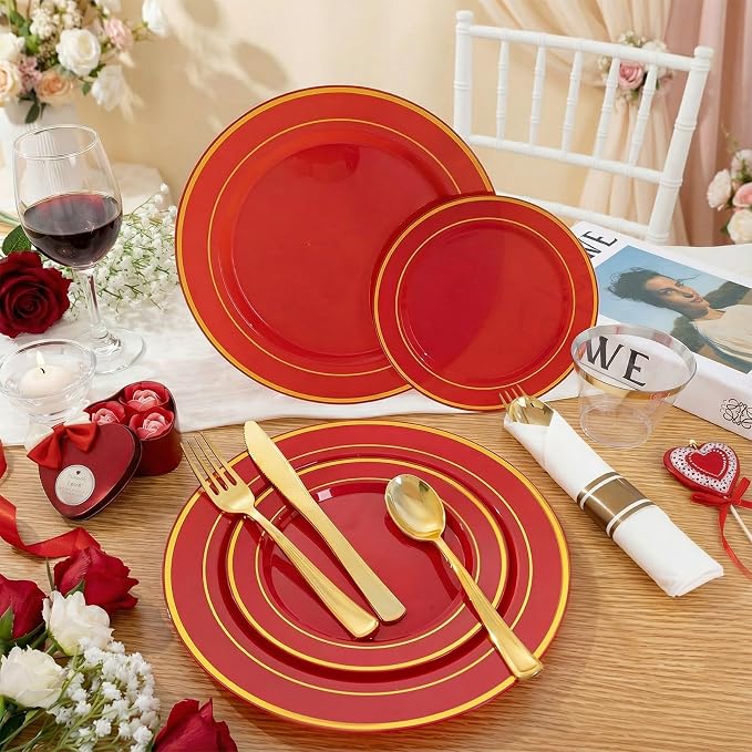 350Pieces Red Plastic Plates with Gold Rim Include 50Dinner Plate 10inch 50Dessert Plate 7inch 50 gold Cups 9 OZ, 50 Pre Rolled Napkins for Wedding/Birthday/Christmas/Party