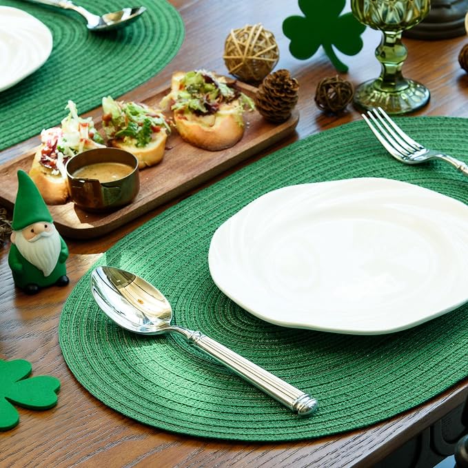 Placemats Set of 6, Woven Oval Braided Dining Table Mats(Green Shine) | 12 x 17.5 Inch Size Fits Plates and Flatware; Hand Washable and Heat Resistant for Kitchen Use, with Farmhouse and Boho Style