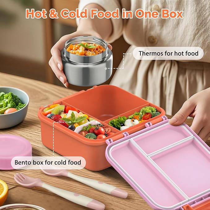 Kids Bento Lunch Box with Soup Thermo (9oz)– Hot & Cold Lunch Container with Leak Proof Insulated Food Jar for School Girls Boys, Ideal Size for Ages 3 to 7, Pink/Orange