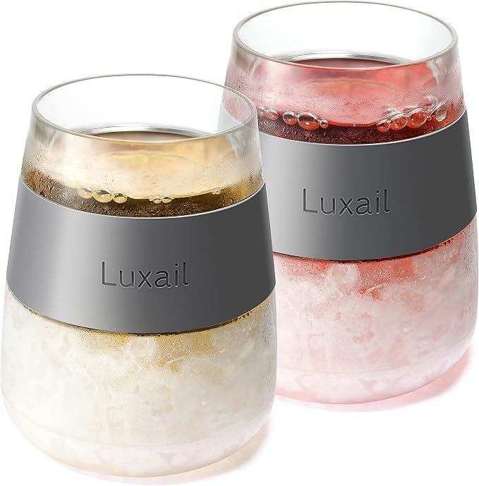 luxail Wine Glasses, Plastic Wine Glasses Set of 2, Wine Gifts, Double Wall Insulated Freezer Tumbler, Stemless cups for Red and white Wine, 8.5 Oz, Grey