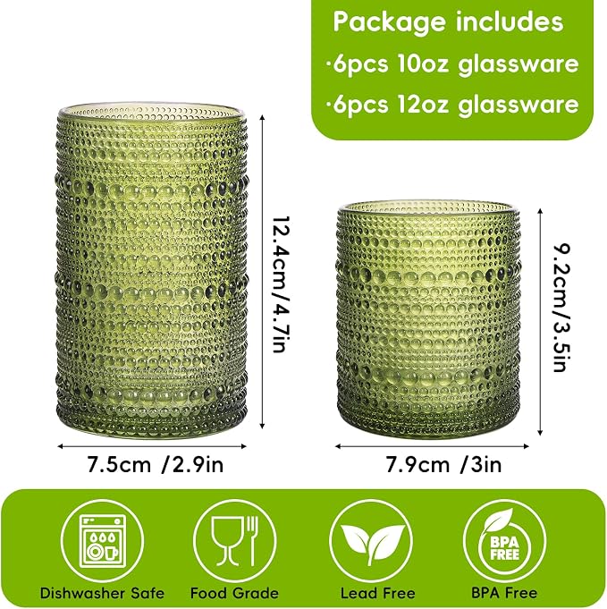 Moretoes Vintage Hobnail Drinking Glasses Set of 12,Green Water Glass Cups | Mixed Glassware Set, 6pcs 12oz Highballs and 6pcs 10oz Old Fashioned Glasses, Great for Cocktail, Whisky and Other Beverages