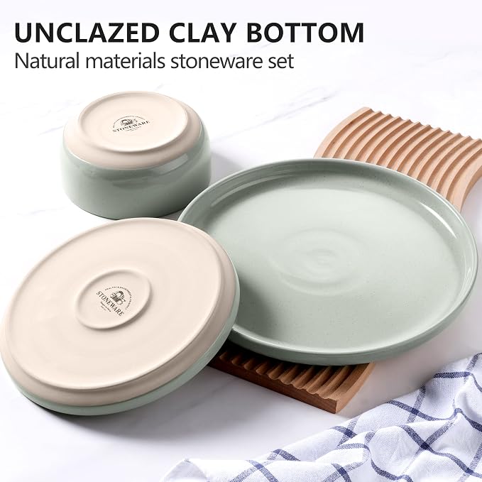 LIANYU Porcelain Dinnerware Set for 2, 6 PCS Stoneware Dinner Plates and Bowls, Ceramic Dining Dishes Set for Dessert Salad Pasta, Microwave & Dishwasher Safe, Fog Green