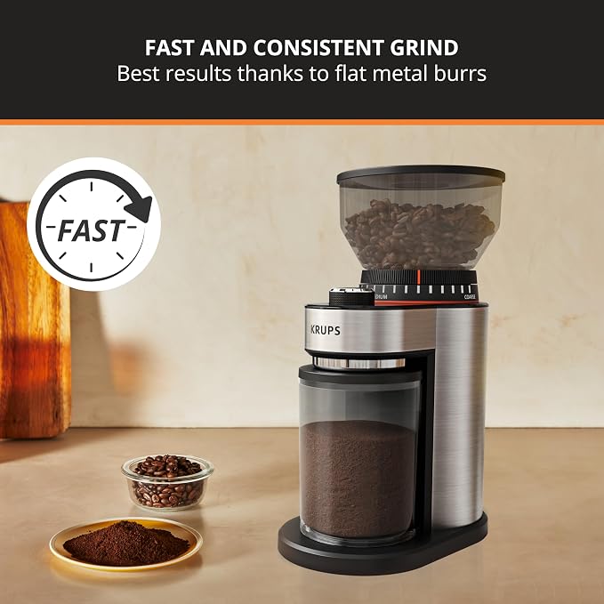KRUPS Flat Burr Coffee Grinder 18 Settings 2-20 Cups Stainless Steel | Ultra-fine espresso to extra-coarse French press, Removable hopper and chamber, Even grinding for better flavor extraction