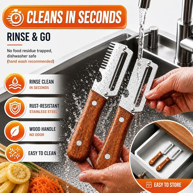 2Pcs Multifunctional Vegetable Peeler with Julienne Shredder, Bottle opener | Non-Slip Wooden Handle, 2-in-1 & 3-in-1 Sharp Stainless Steel Peeler Ideal For All Fruits, Veggie, Apple, Potato, Outdoor Use