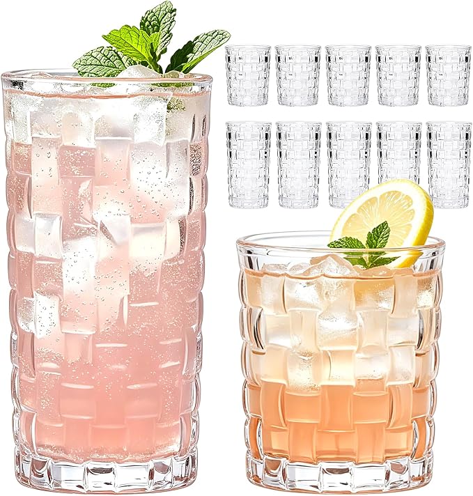 QAPPDA Embossed Drinking Glasses 12 Pack, 11oz & 8oz Old Fashioned Glass | Vintage Kitchen Bar Tumbler Glassware Set for Whiskey, Beer, Juice, Milk and Various Mixed Drinks