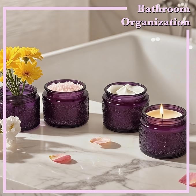 4 oz Decorative Small Glass Jars with Airtight Bamboo Lids, Purple 6 Pack | Vintage embossed color coated containers, kitchen pantry bathroom organization & decor, spices, DIY gifts, candle making