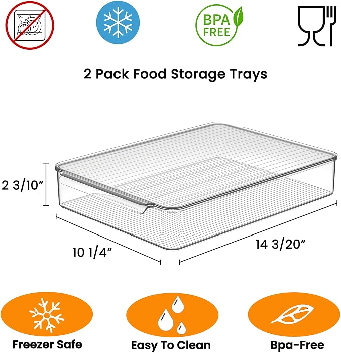 2 Pack Deli Meat Container for Fridge, Bacon Container with Lids for Refrigerator Fruit, Cold Cuts, Cheese Keeper Marinade Tray, Stackable Freezer Storage Containers