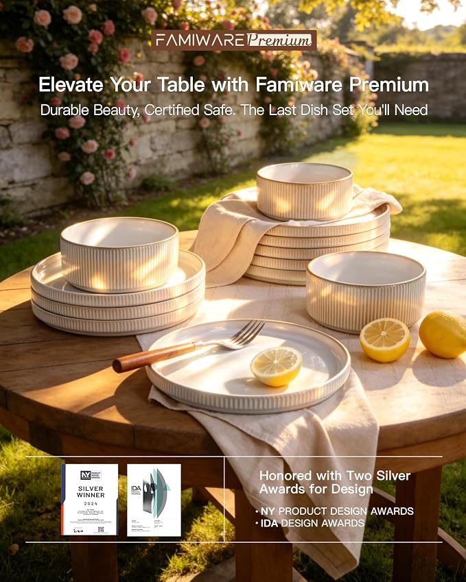 Stoneware Dinnerware Sets, Reactive Glaze Dishes Set for 8 | 24-Piece Ceramic Plates and Bowls Set, Microwave & Dishwasher Safe, Chip & Scratch Resistant, Modern Rustic, Cappuccino White
