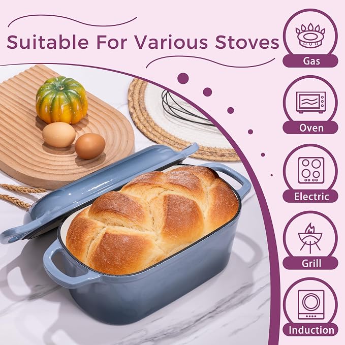 4.6-Quart Oval Dutch Oven for Bread Baking | 2 in 1 Enameled Cast Iron Bread Pan with Lid, Sourdough Baking Pan for a Crispy Crust, Seasalt