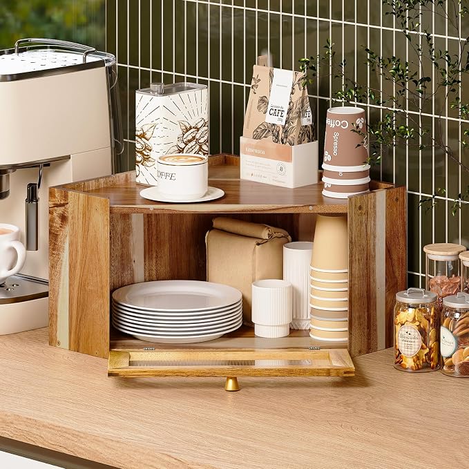 Trironsun Stylish Acacia Corner Bread Box for Kitchen Counter Wood Large Capacity Rustic Bread Storage Container with Wavy Arcylic Transparent Door for Homemade Bread (Acacia Wood)