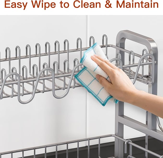 2 Tier Large Stainless Steel Dish Drying Rack for Kitchen Counter | Big Dish Drainer with Drainboard, Cup & Utensil Holder, Space Saving Rustproof Countertop Metal Plate Dryer Rack, Fast Drain
