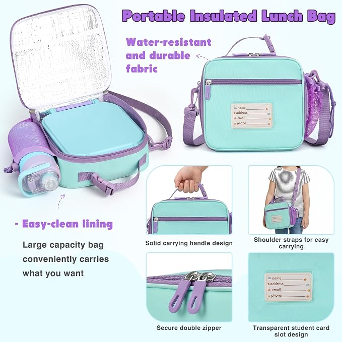 Bento Lunch Box for Kids with 7oz Soup Thermo,Insulated Stainless Steel Kids Water Bottle with Straw and Insulated Lunch Bag,Leak-Proof Lunch Food Container with Ice Pack for School(Purple)