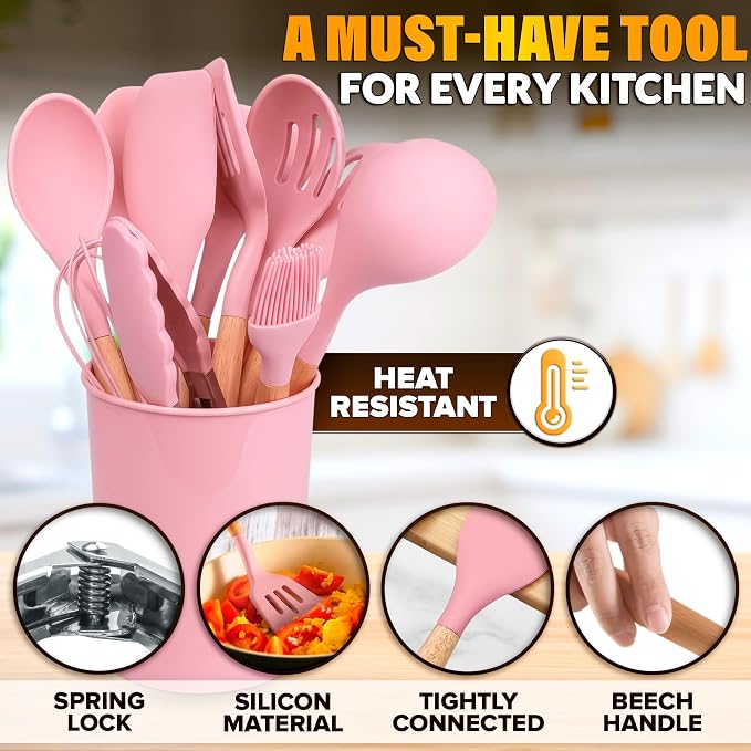 Kitchen Utensils Set with Holder for Nonstick Cookware - 12 Pcs Pink Silicone Cooking Utensils Set, Kitchen Tools for Daily Cooking - Wooden Handle Cooking Tools for Baking Serving and Mixing Tasks