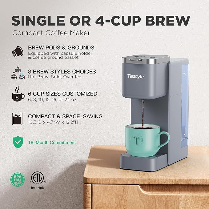 Tastyle Single Serve Coffee Maker for K Cups and Grounds with 3 Brew Styles | 40oz Removable Water Tank, 6 to 24oz Brew Size, Compact Design, Fits 7.3" Travel Mug, for Home, RVs and Office, K330IC, Gray