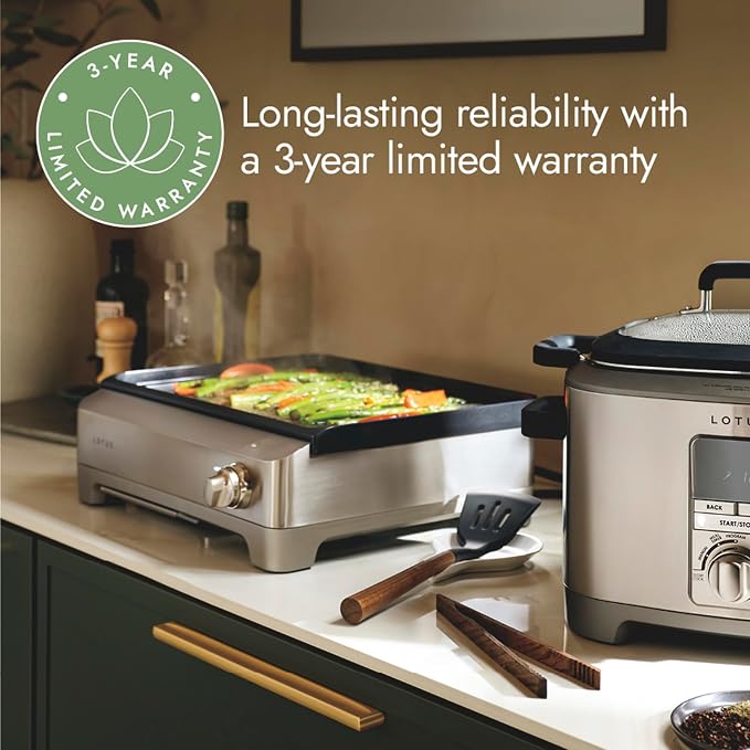 Lotus Griddle, Nonstick Electric Griddle, The Short Order, 1800 Watts, Large 12 inch x 17 inch Nonstick Surface, Stainless Steel, Professional Series, LTSGR500