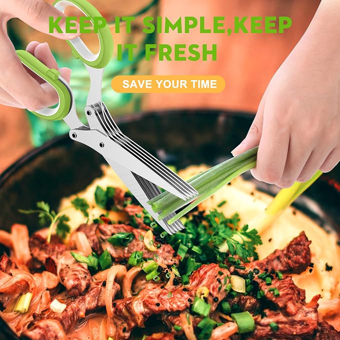 Herb Scissors with 5 Blades and Cover, Kitchen Herb Cutter with Cleaning Comb, Stainless Steel Multi Blade Herb Shears for Basil Parsley Cilantro, Easy Clean Cooking Tool, Unique Kitchen Gadgets Gift