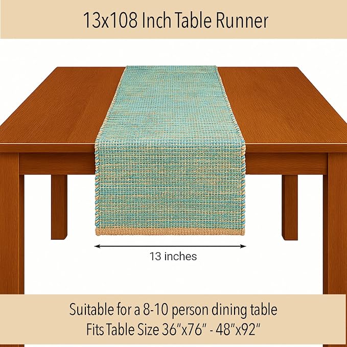 Natural Jute Table Runner 13x108 Inch – Vintage Boho Rustic Table Decor – Handwoven Long Table Runner in Natural Jute and Aqua Turquoise – Farmhouse Dining or Console Table Accent