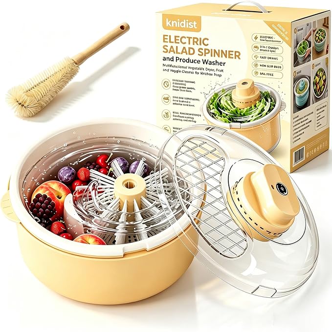 Automatic Fruit and Vegetable Spinner & Strainer - Fruit Washer and Lettuce Spinner with Drain Basket, Salad Spinner for Lettuce, Greens, Produce & Kitchen Meal Prep，Yellow