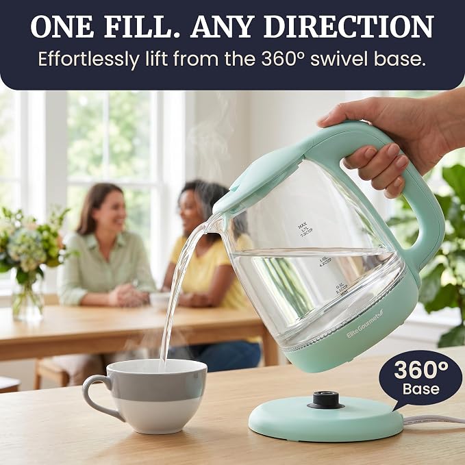 Elite Gourmet EKT1792M 1.7L Glass Kettle, Blue LED, Rapid Boil, 7.2 Cups | Auto Shut-Off, Boil-Dry Protection, 360° Cordless Base, Hot Water for Tea, Coffee & Oatmeal