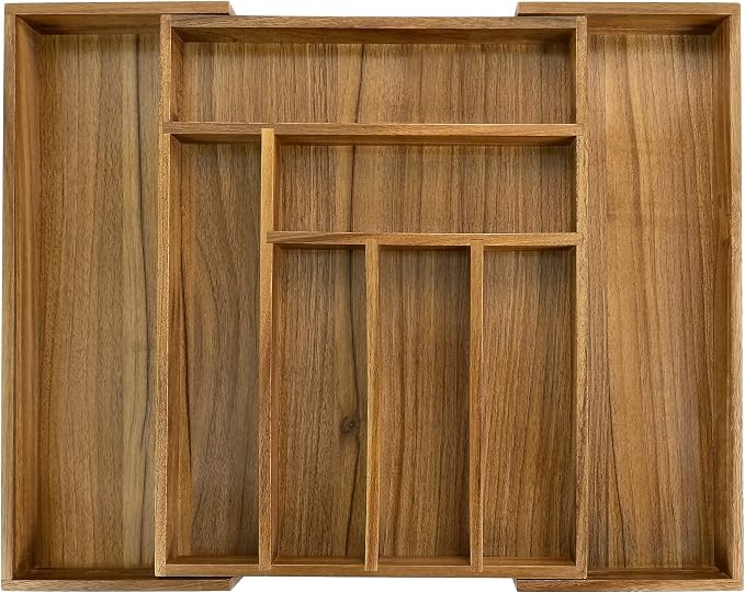 Luxury Acacia Kitchen Drawer Organizer - Silverware Organizer - Utensil Holder and Cutlery Tray with Grooved Drawer Dividers for Flatware and Kitchen Utensils (8 Slot), 17*12.4*2 inch
