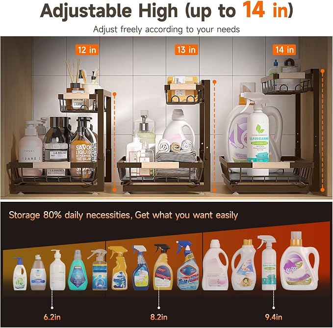 2-Pack 2-Tier Height Adjustable Under Sink Organizer & Storage | Multi-purpose storage for kitchen & bathroom cabinet. Extra Large brown shelf, height adjustable design for space-saving.