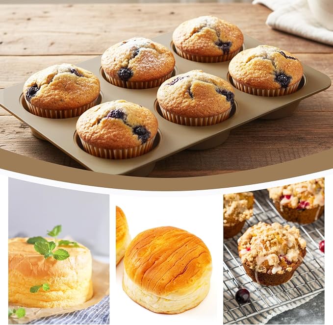 6 Cup Straight Side Jumbo English Muffin Cupcake Pan with Lid, 2 Set Nonstick Hamburger Bun Pan, Nonstick Baking Tin Tray Mold for Baking Burger Buns Roll Focaccia Quiche Pancake,Gold