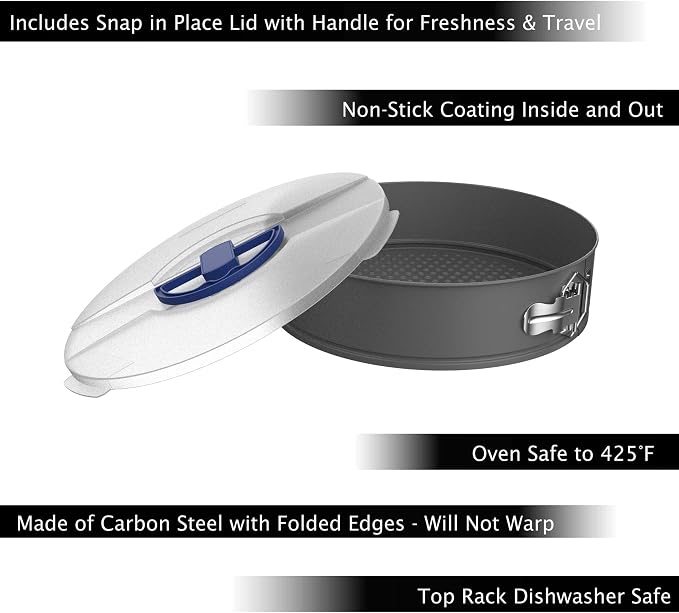 Classic Cuisine Springform Pan with Lid, White, 10” x 2.5” | Nonstick Cheesecake Baking Pan with Travel-Friendly Snap-On Lid - Anti-Warping Steel Bakeware