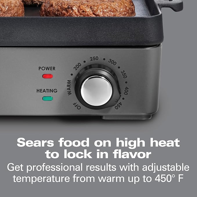 Hamilton Beach Professional Cast Iron Electric Griddle & Indoor Grill | Durable 10" x 16" Preseasoned Cooking Surface | Adjustable Temperature up to 450° F | Black | 38560