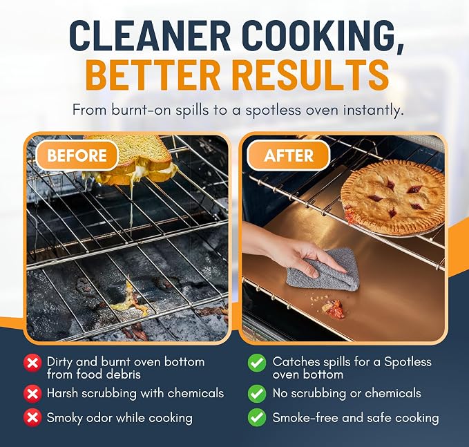 Oven Liners for Bottom of Oven - 4 Pack Large Heavy Duty Mats, 17”x25” Non-Stick Reusable Liner for Electric, Gas, Toasters, Grills - BPA & PFOA Free Kitchen Accessory to Keep It Clean (Copper)