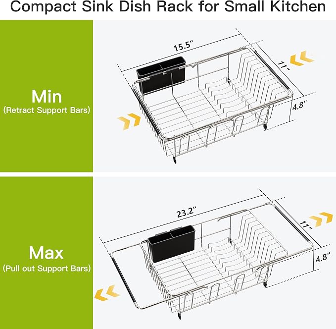 JASIWAY Dish Drying Rack in Sink, Dish Drainer with Cup and Utensil Holder | Over The Sink Expandable Stainless Steel Strainer Dryer Rack for Small Kitchen, Counter Space Saving, Fast Drain, Rustproof