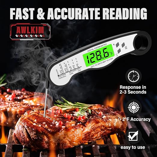 AWLKIM Meat Thermometer Digital, Instant Read Food Thermometer, Black | Waterproof cooking thermometer with doneness chart, backlight, F/C switch for BBQ, candy, oil